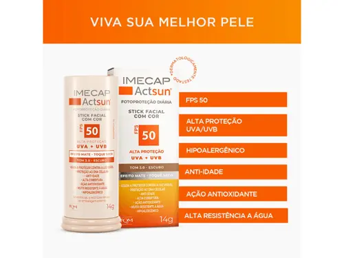 Protetor Solar Facial em Bastão Imecap Actsun Stick FPS 50 Cor 3.0 Escuro 15g