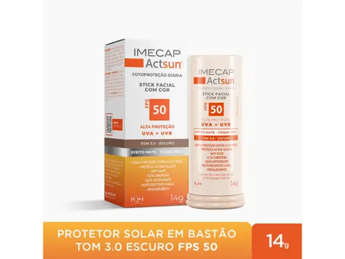 Protetor Solar Facial em Bastão Imecap Actsun Stick FPS 50 Cor 3.0 Escuro 15g