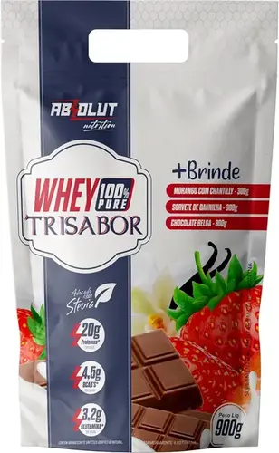 Whey 100% Concentrado Trisabor Pouch 900g – Absolut Nutrition - (Morango com chantilly, Beijinho Coco e Chocolate)
