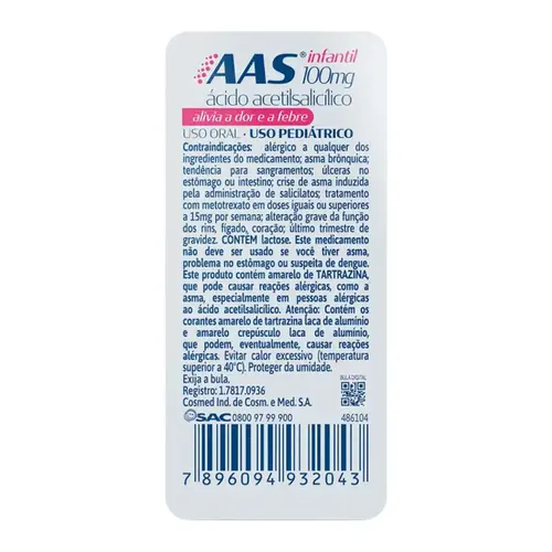 Aas Infantil - Ácido Acetilsalicílico 100mg 20 Comprimidos