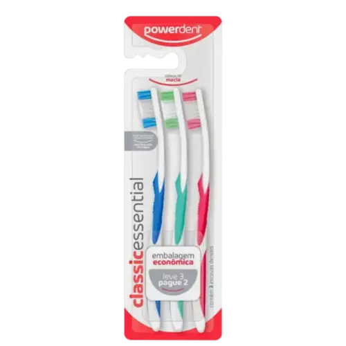 Escova de Dente Powerdent Classic Essential Macia 3 Unidades