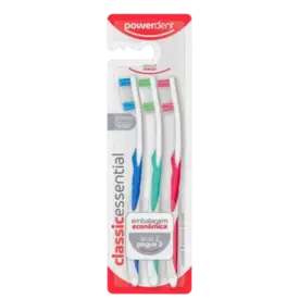 Escova de Dente Powerdent Classic Essential Macia 3 Unidades