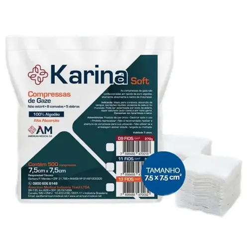 Compressa de Gaze Não Estéril Karina 13 Fios 7,5cm x 7,5cm - 500 Unidades