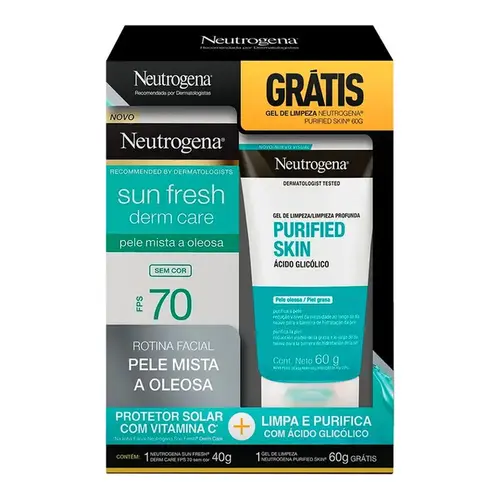 Kit Protetor Solar Facial Neutrogena Sun Fresh Derm Care FPS70 40g + Gel de Limpeza Purified Skin 60g