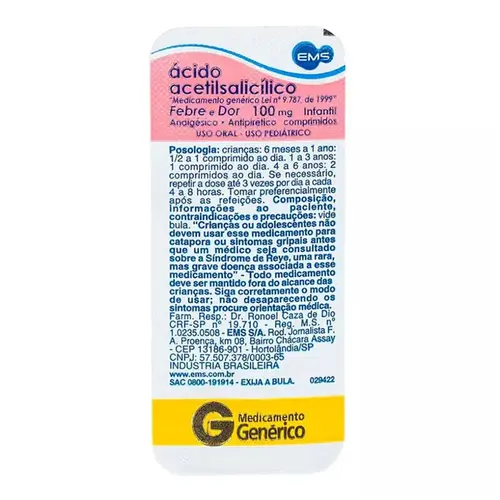 Ácido Acetilsalicílico Infantil 100mg 10 Comprimidos - EMS - Genérico