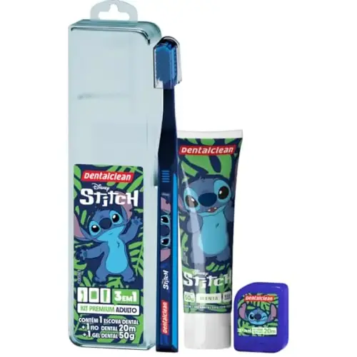 Kit Dentalclean Stitch Adulto: Escova, Fio Dental e Gel 50?