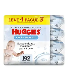 Kit Lenço Umedecido Infantil Huggies Recém Nascido Sem Fragrância 4 Pacotes com 48 Unidades