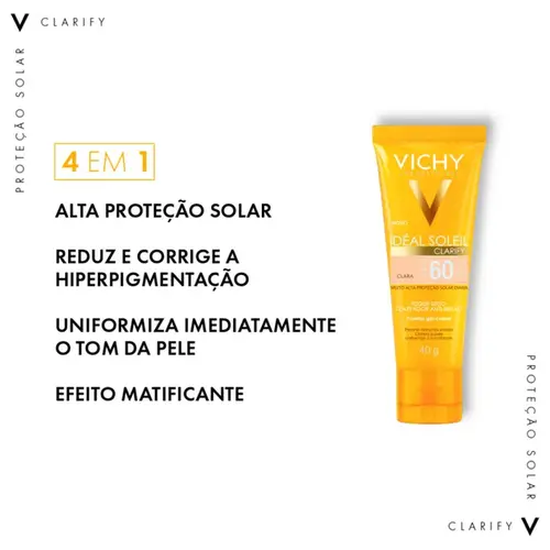 Protetor Solar Facial Vichy Idéal Soleil Clarify Cor Extra Clara FPS60 40g