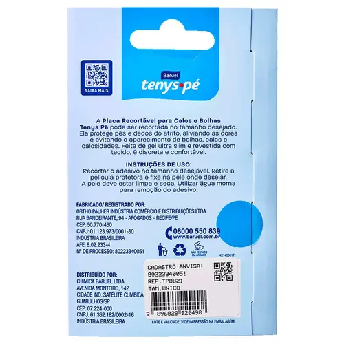 Placa Recortável Para Calos e Bolhas Baruel Tenys Pé Tamanho Único 1 Unidade