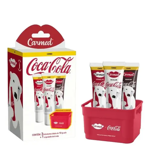 Kit Hidratante Labial Carmed Coca-Cola Incolor + Vermelho + Marrom 10g Cada + Engradado
