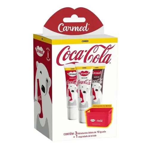 Kit Hidratante Labial Carmed Coca-Cola Incolor + Vermelho + Marrom 10g Cada + Engradado