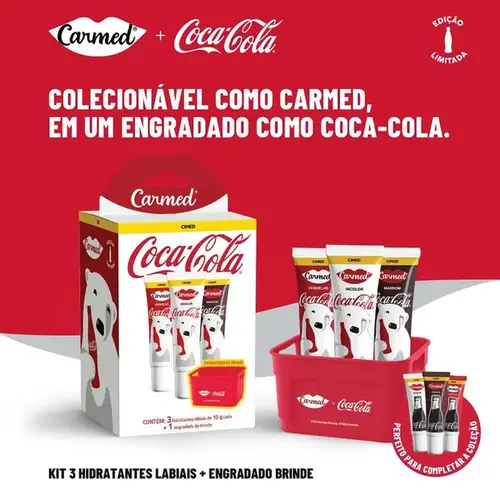 Kit Hidratante Labial Carmed Coca-Cola Incolor + Vermelho + Marrom 10g Cada + Engradado