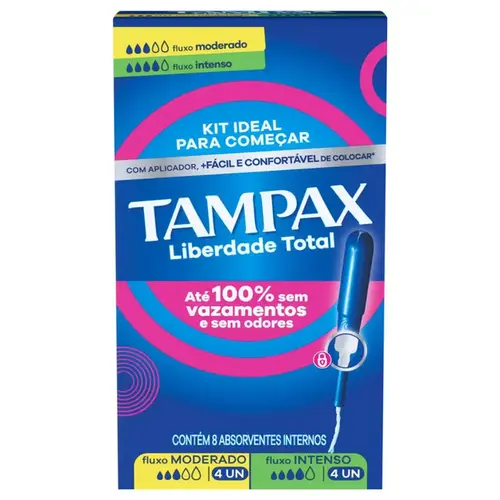 Kit Absorvente Interno Tampax Liberdade Total Fluxo Moderado 4 Unidades + Fluxo Intenso 4 Unidades