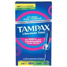 Kit Absorvente Interno Tampax Liberdade Total Fluxo Moderado 4 Unidades + Fluxo Intenso 4 Unidades