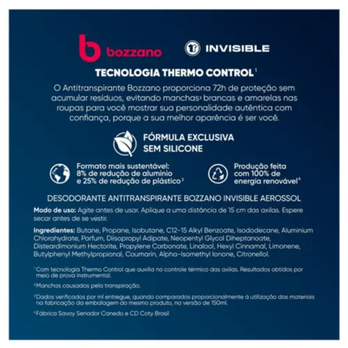 Desodorante Masculino Bozzano Invisible 72h Aerossol 200ml