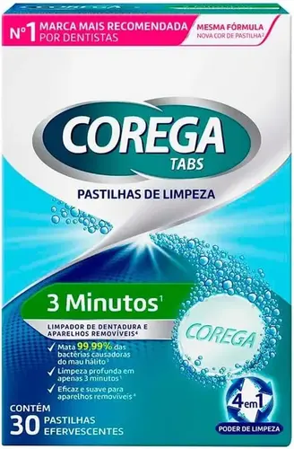 Limpador de Dentadura Corega Tabs Branqueador 30 Pastilhas Efervescentes