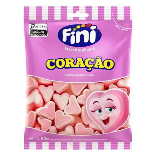 Bala Fini Marshmallows Coração Sabor Morango e Nata 80g