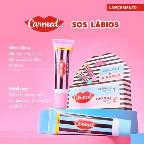 Kit Carmed SOS Hidratante Labial Algodão Doce Esfoliante 10g + Ultra Gloss 10g