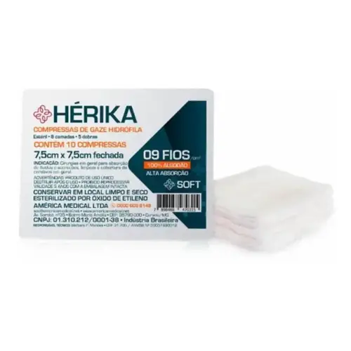Compressa de Gaze Estéril Hérika 13 Fios 7,5cm x 7,5cm - 10 Unidades