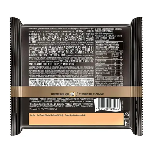 Chocolate Garoto Talento Meio Amargo Amêndoas 85g