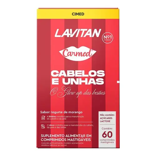 Suplemento Alimentar Lavitan Carmed Cabelos e Unhas Iogurte de Morango 60 Comprimidos Mastigáveis