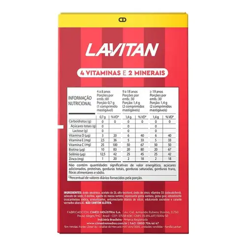 Suplemento Alimentar Lavitan Carmed Cabelos e Unhas Iogurte de Morango 60 Comprimidos Mastigáveis