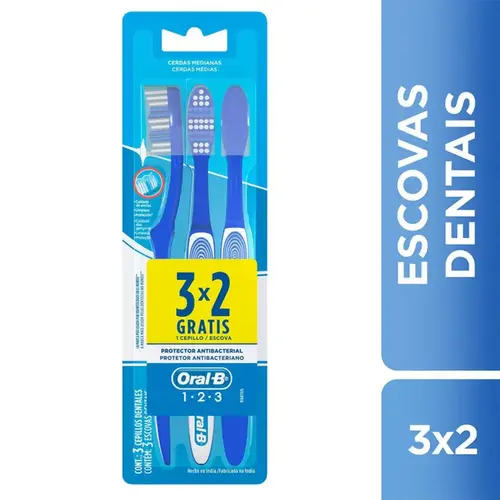 Escova de Dente Oral B Presságio 1 2 3 Limpeza Brilhante Média 3 Unidades