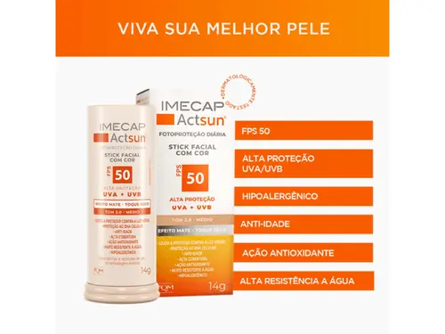 Protetor Solar Facial em Bastão Imecap Actsun Stick FPS 50 Cor 2.0 Médio 15g