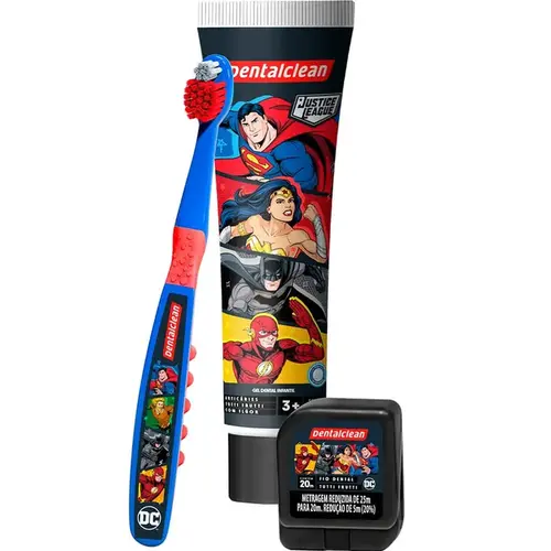 Kit de Higiene Bucal Infantil Dentalclean Liga Da Justiça - 1 Escova de Dente Infantil + Gel Dental Infantil 50g