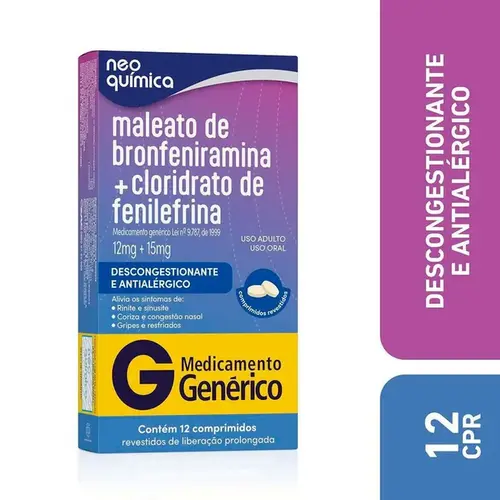 Bronfeniramina + Fenilefrina 0,4mg/ml + 1mg/ml - 12 Comprimidas - Neo Química - Genérico