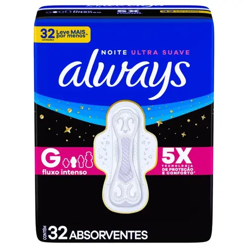 Absorvente Always Noite Ultra Suave G com Abas 32 Unidades