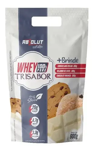 Whey 100% Concentrado Trisabor Pouch 900g – Absolut Nutrition - (Cookies, Beijinho Coco e Chocolate Branco)