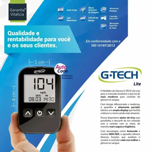Kit Aparelho Medidor de Glicemia G-Tech Free Lite Aparelho + 1 Lancetador + 10 Lancetas + 10 Tiras Teste