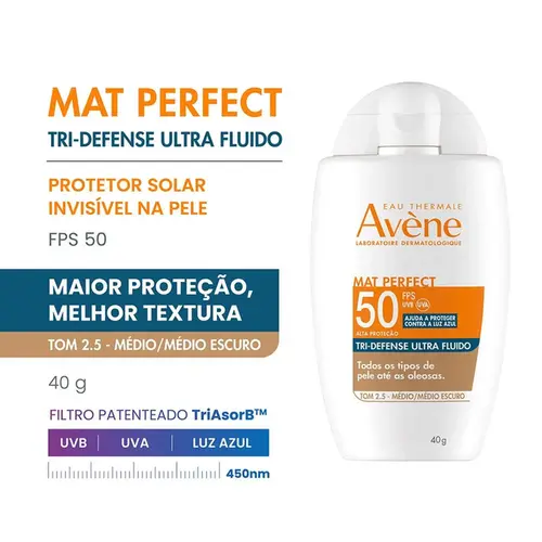 Protetor Solar Facial Avène Mat Perfect Tri-Defense FPS 50 Cor 2.5 Média 40g