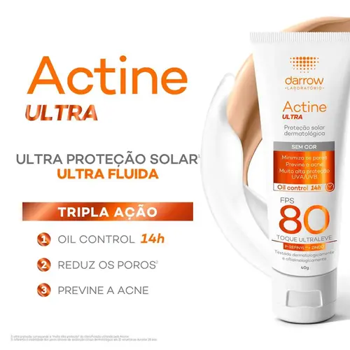 Protetor Solar Facial Darrow Actine Ultra FPS 80 Sem Cor 40g