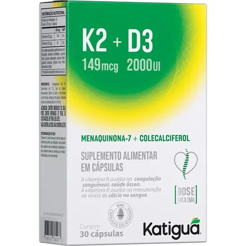 Vitamina K2 + D3 Katiguá - Vitamina D3 2.000UI + K2 149mcg MK-7 - 30 Cápsulas Gelatinosas