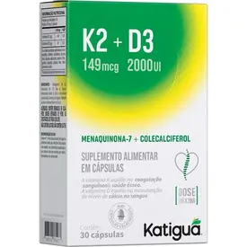 Vitamina K2 + D3 Katiguá - Vitamina D3 2.000UI + K2 149mcg MK-7 - 30 Cápsulas Gelatinosas