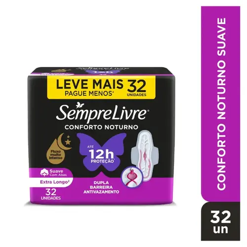 Absorvente Sempre Livre Conforto Noturno Cobertura Suave com Abas 32 Unidades
