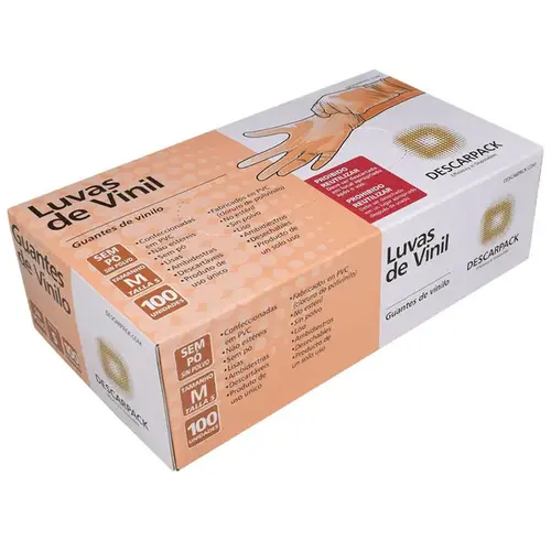 Luva de Vinil Descarpack Sem Pó - Tamanho M - 100 Unidades