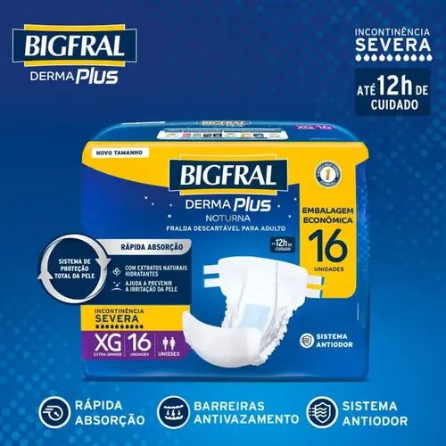 Fralda Geriátrica Bigfral Derma Plus Adulto Noturno XG 16 Unidades