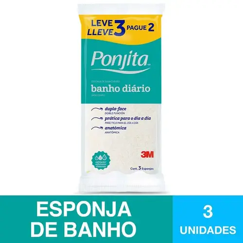 Esponja de Banho Diário Dupla Face Ponjita 3M 3 Unidades