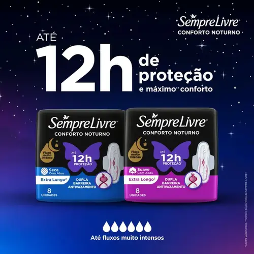 Absorvente Sempre Livre Conforto Noturno Cobertura Seca com Abas 8 Unidades