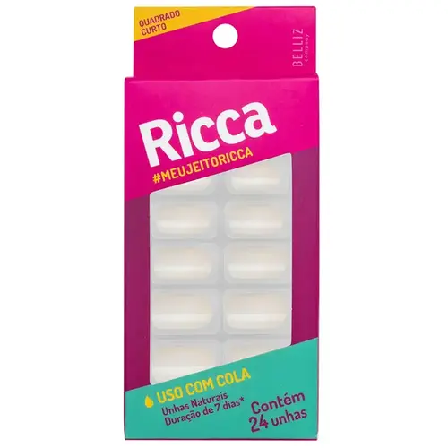 Unhas Postiças Ricca Naturais Quadrado Curto com 24 Unidades