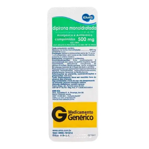 Dipirona Sódica 500mg Genérico EMS 10 Comprimidos
