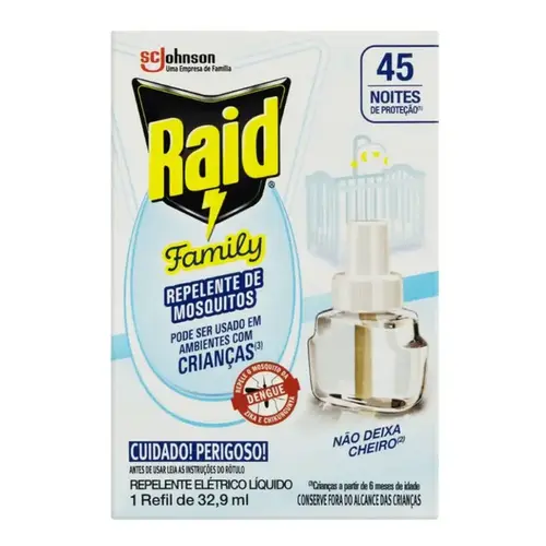 Repelente Elétrico Líquido Raid Family 45 Noites - Caixa 32,9ml Refil