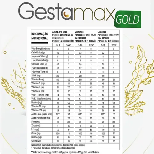 Suplemento Alimentar Gestacional Gestamax Gold 30 Cápsulas