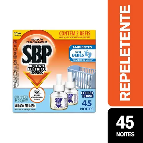 Refil Repelente Elétrico Líquido SBP - Cheiro Suave - 2 Refil de 32,9ml