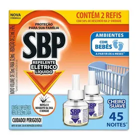Refil Repelente Elétrico Líquido SBP - Cheiro Suave - 2 Refil de 32,9ml
