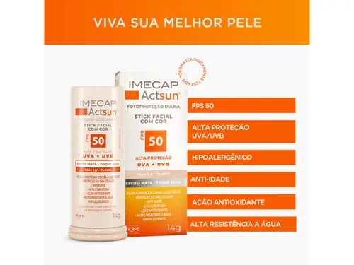 Protetor Solar Facial em Bastão Imecap Actsun Stick FPS 50 Cor 1.0 Claro 15g
